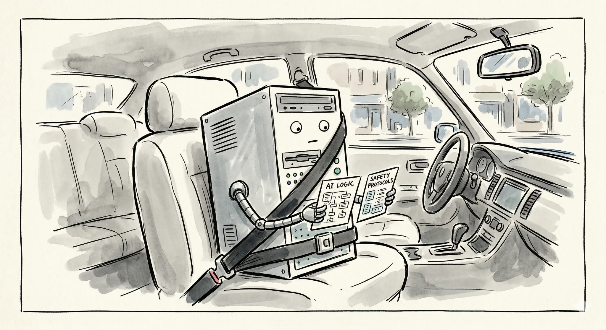 Illustration of a computer buckled into a car seat holding AI Logic and Safety Protocols papers